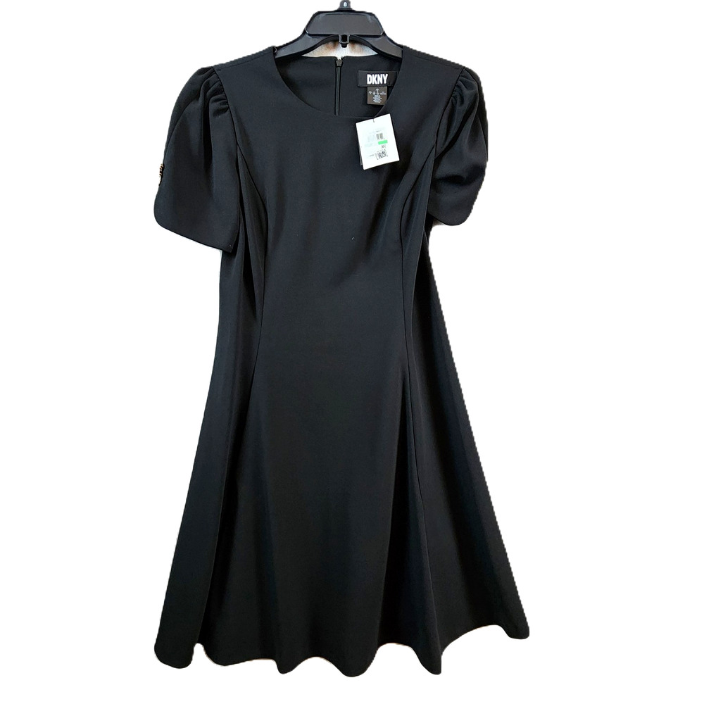 DKNY Fit and Flare Dress Women Size 6 Black Puff-Sleeve Polyester New
